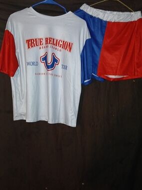 True Religion Kids White Tee with Red & Blue Logo and Sleeve Accents